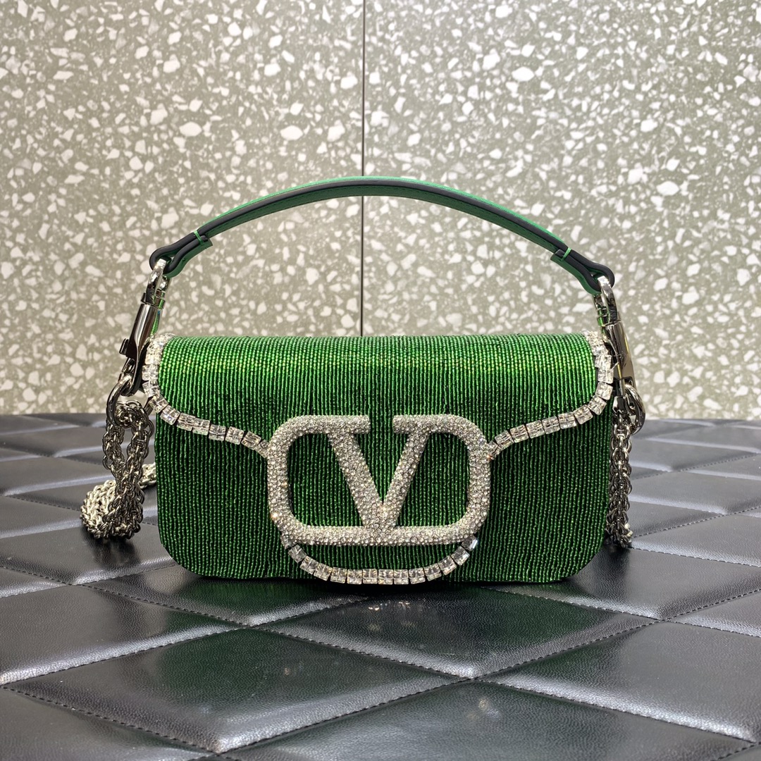 Valentino Garavani Loco Small Shoulder Bag in Green Embroidered With Leather